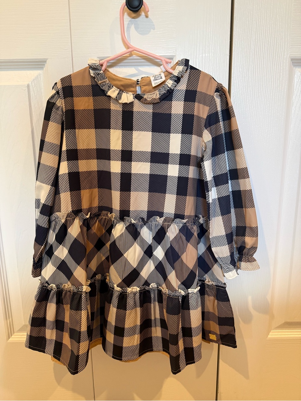 deux par deux Black and Tan Plaid Ruffle Tiered Dress